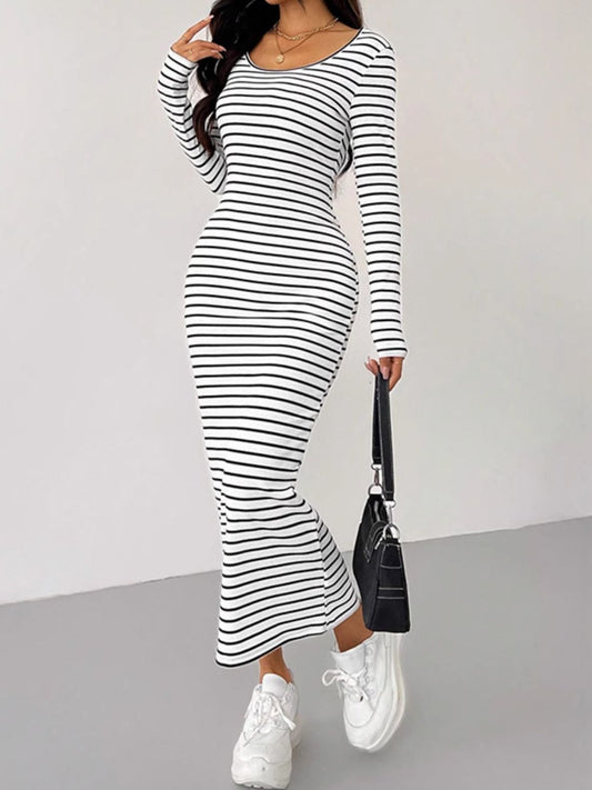 Zephariel Striped Scoop Neck Long Sleeve Midi Tee Dress