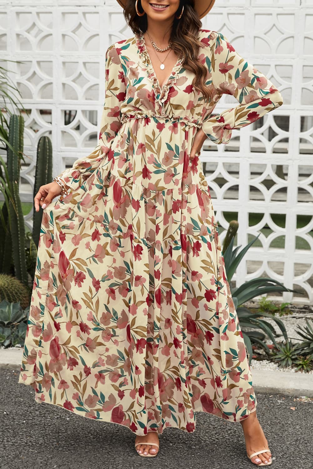 Zephariel Floral Frill Trim Flounce Sleeve Plunge Maxi Dress