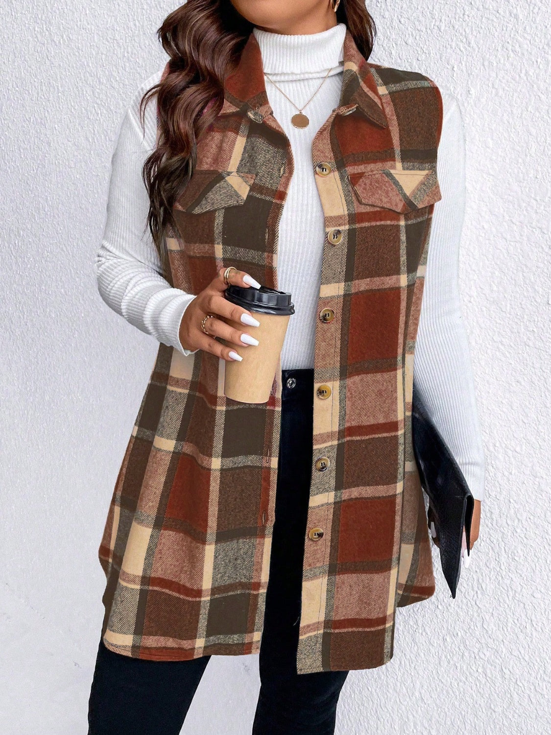 Zephariel Plus Size Pocketed Plaid Button Up Vest Coat