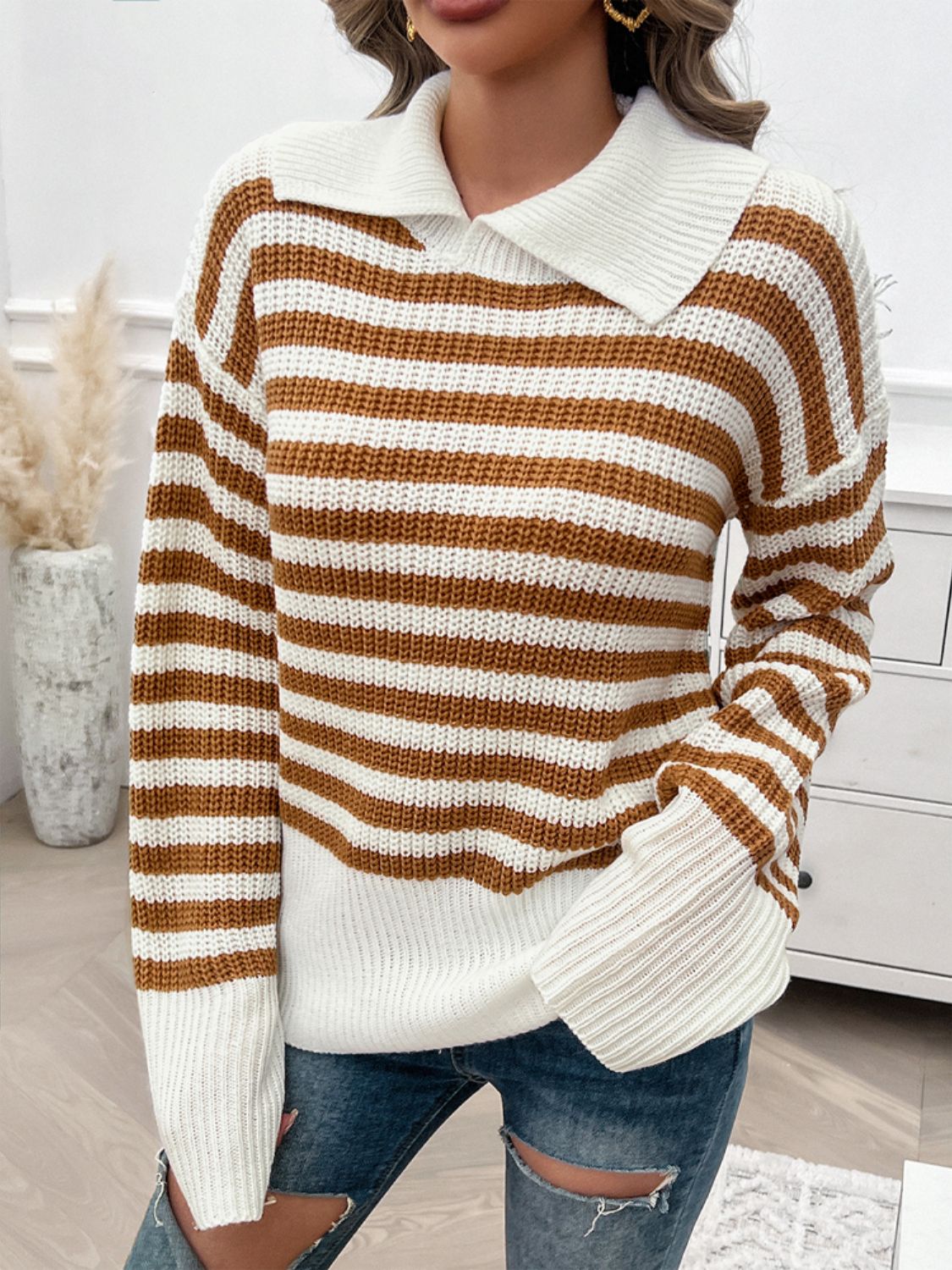 Zephariel Striped Collared Neck Long Sleeve Sweater