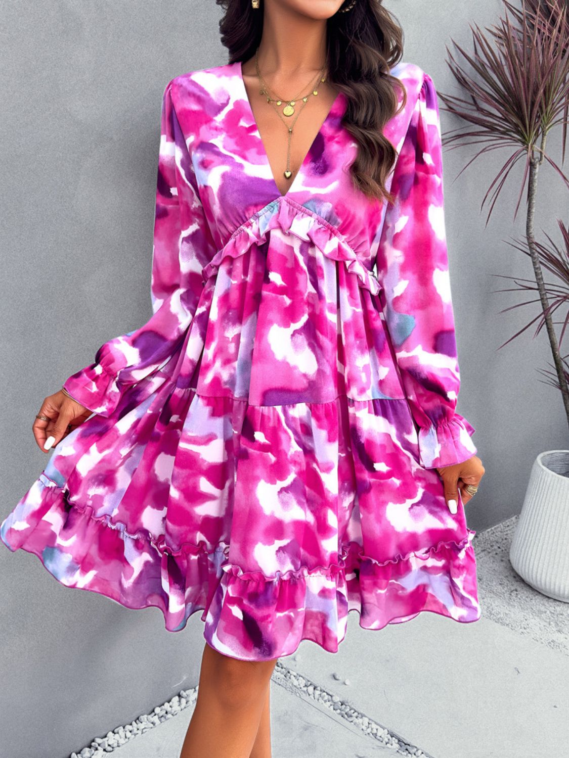 Zephariel Backless Printed V-Neck Flounce Sleeve Dress