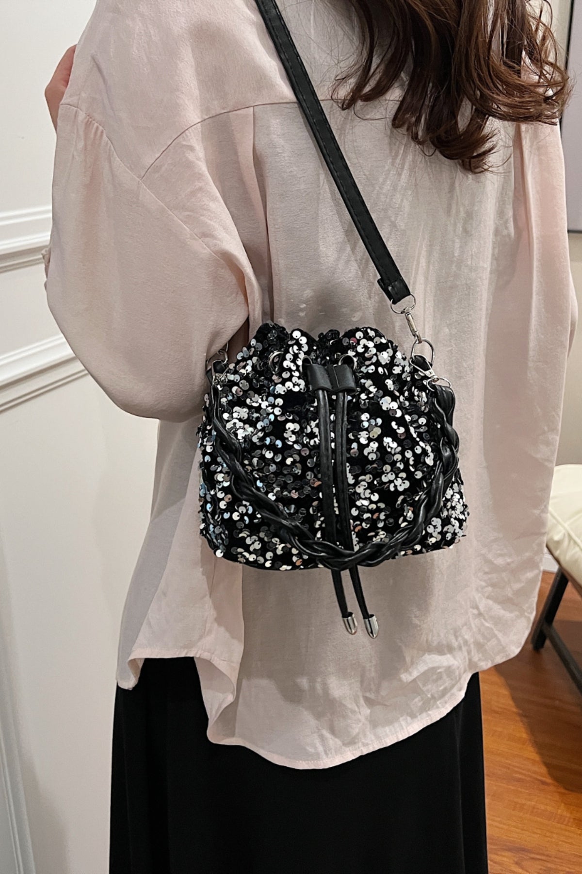 Zephariel Sequin Drawstring Bucket Bag