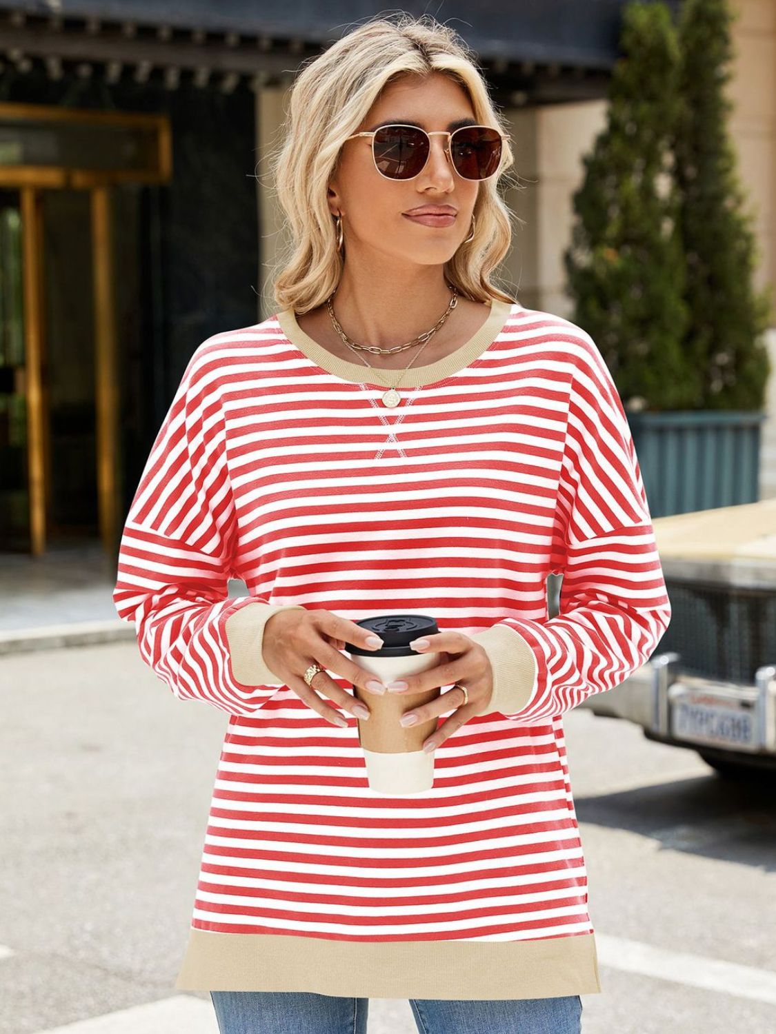 Zephariel Slit Striped Round Neck Long Sleeve Sweatshirt