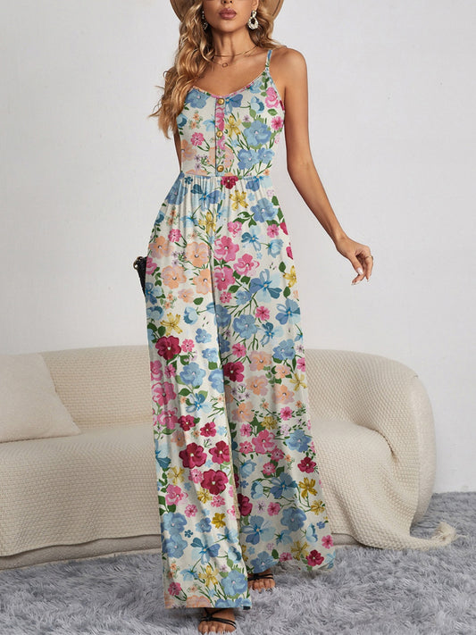 Zephariel Decorative Button Spaghetti Strap Wide Leg Jumpsuit