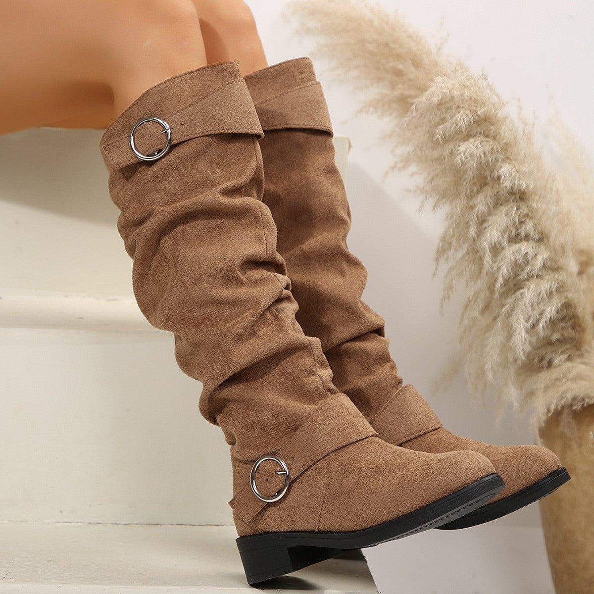 Zephariel Buckle Round Toe Block Heel Boots