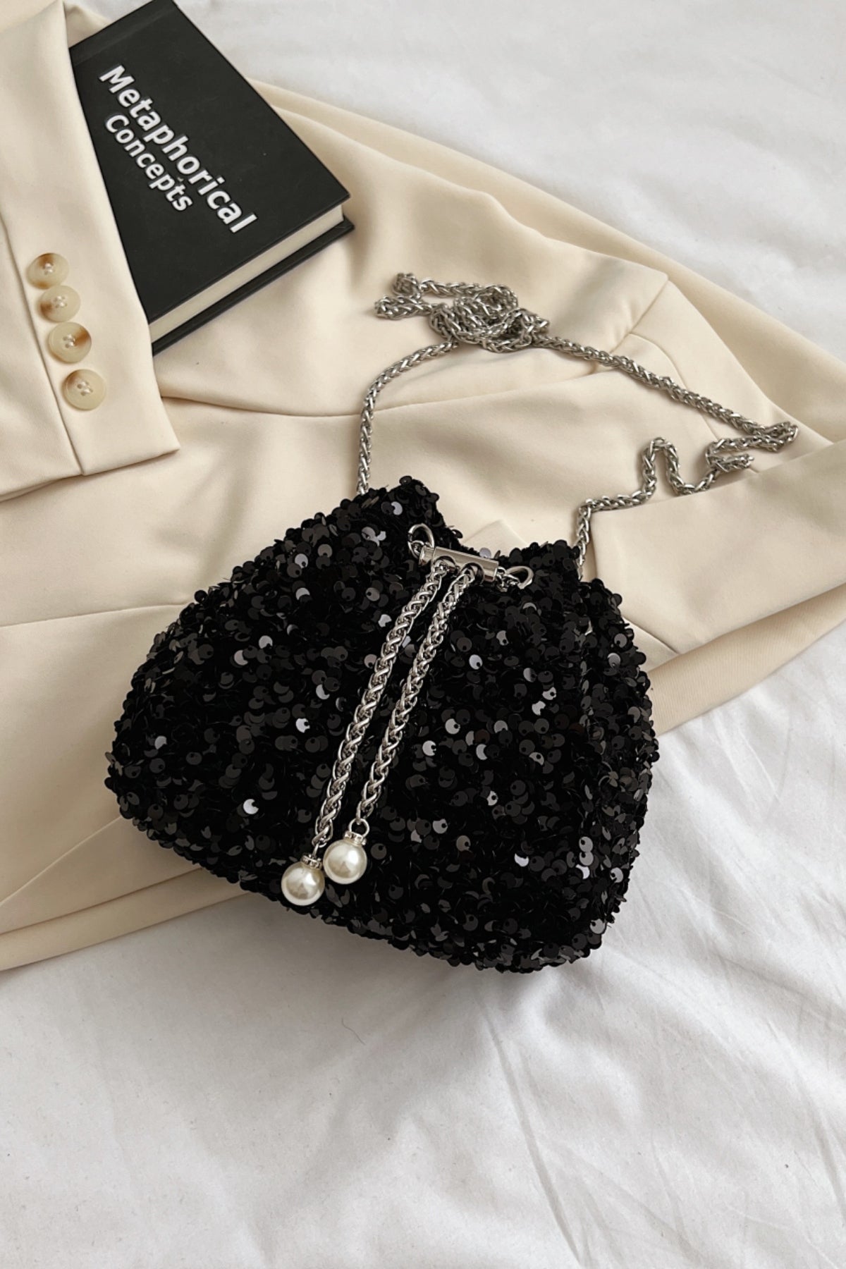 Zephariel Sequin Chain Drawstring Bucket Bag