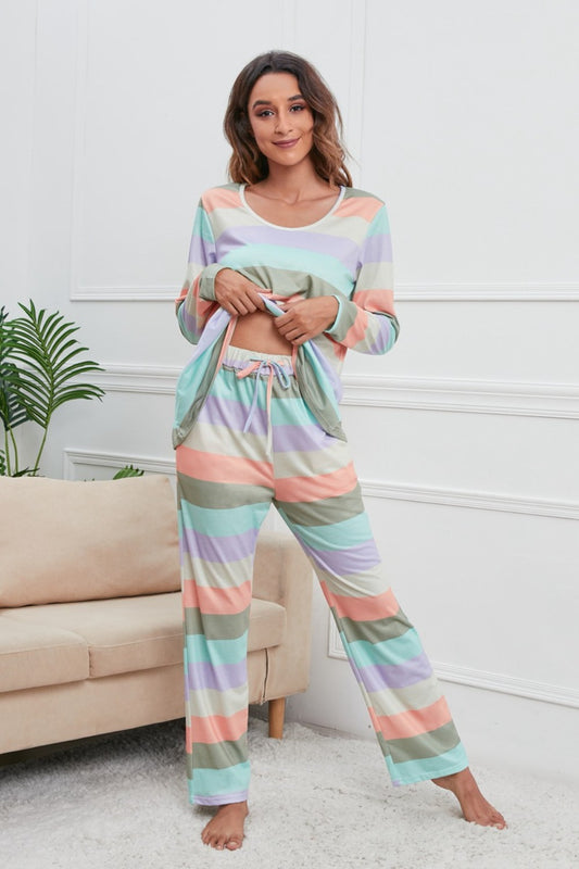 Zephariel Striped Round Neck Long Sleeve Top and Drawstring Pants Lounge Set