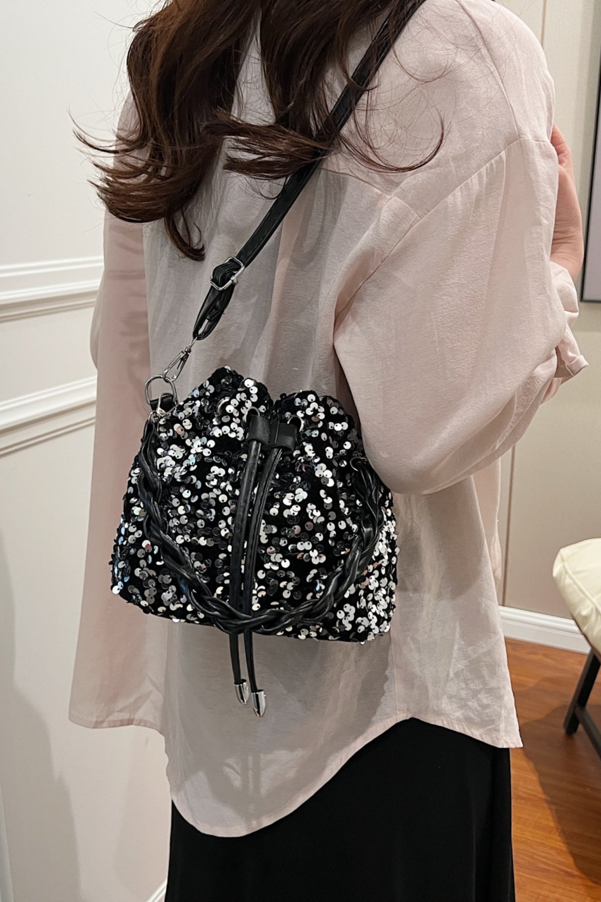 Zephariel Sequin Drawstring Bucket Bag