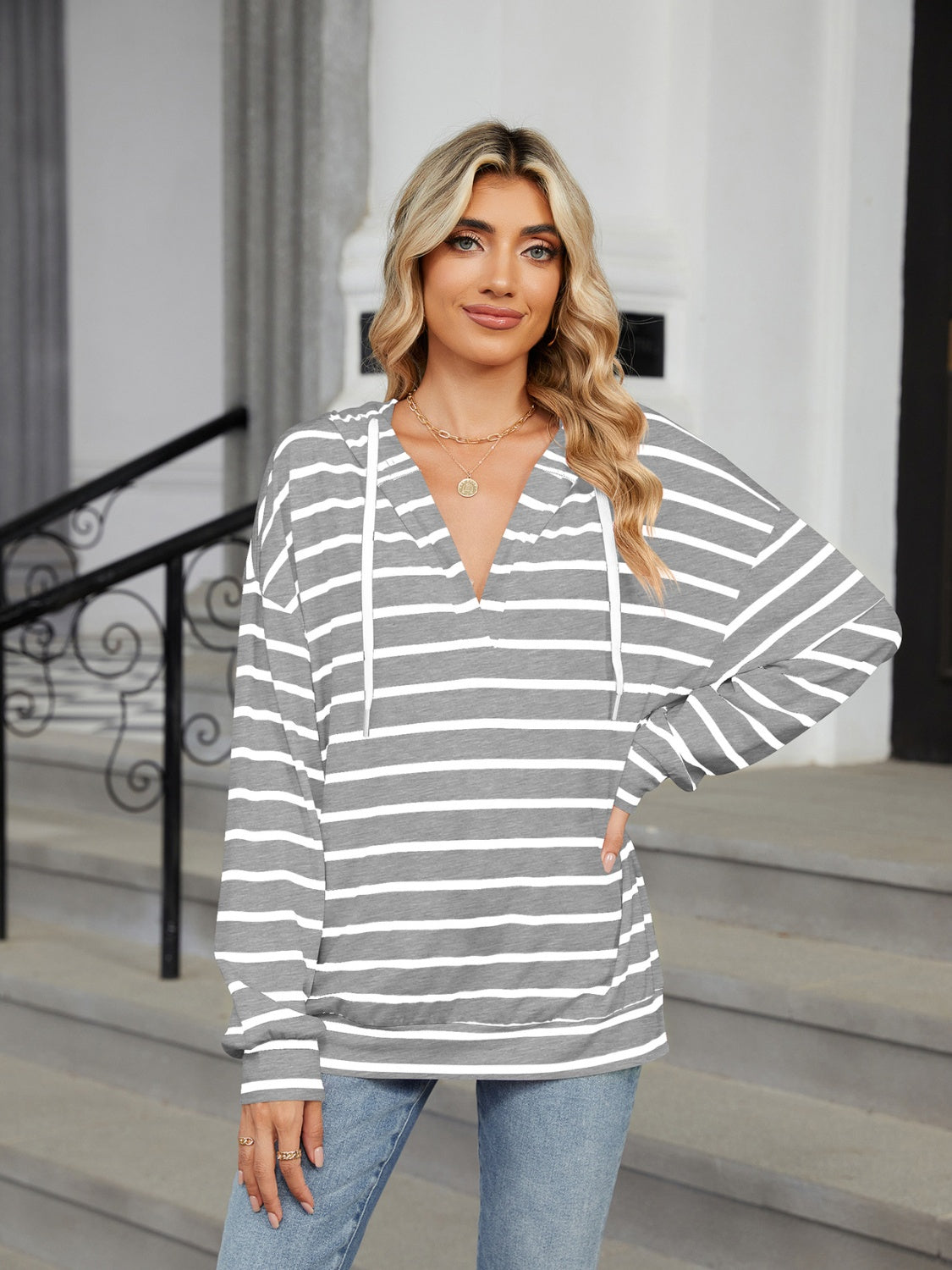 Zephariel Drawstring Striped Long Sleeve Hoodie