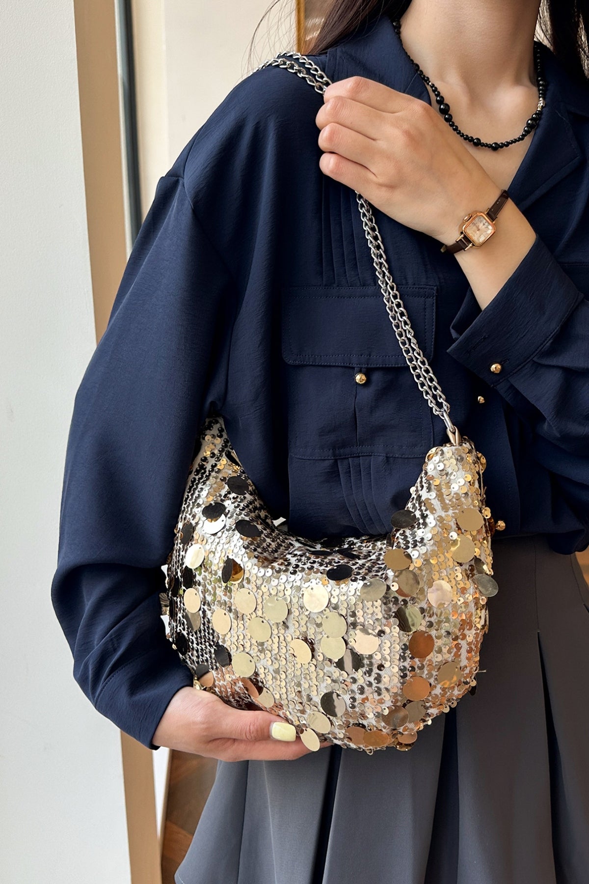 Zephariel Sequin Chain Crossbody Bag