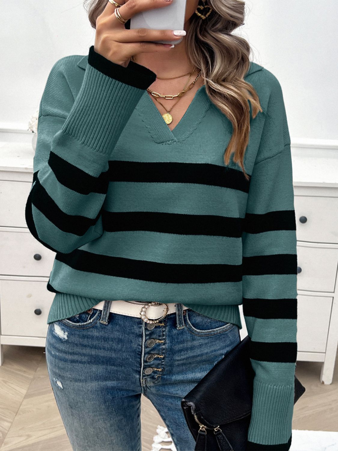 Zephariel Striped Collared Neck Long Sleeve Sweater