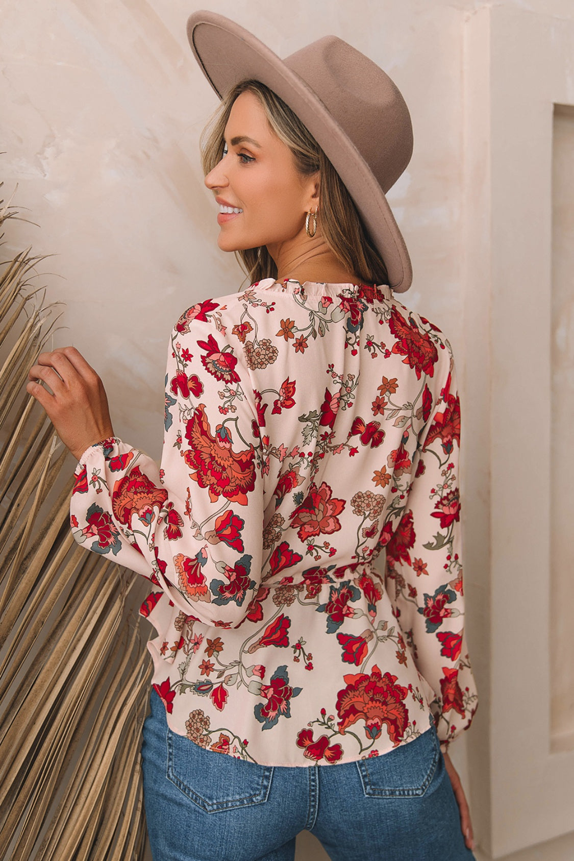 Zephariel Floral V-Neck Drawstring Peplum Blouse