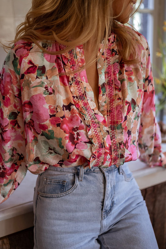 Zephariel Frill Floral Button Down Long Sleeve Shirt