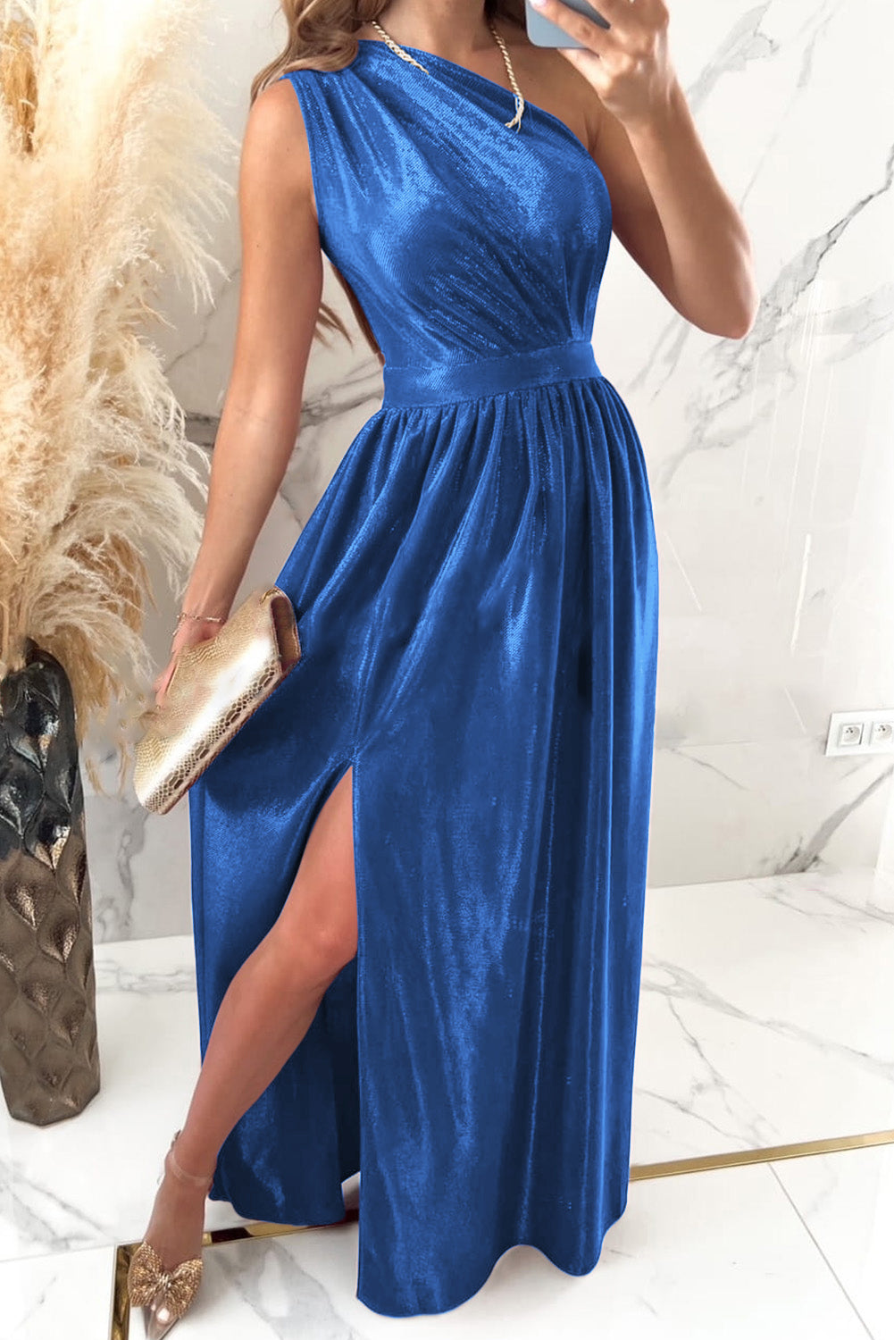 Zephariel One Shoulder Slit Ruched Maxi Dress