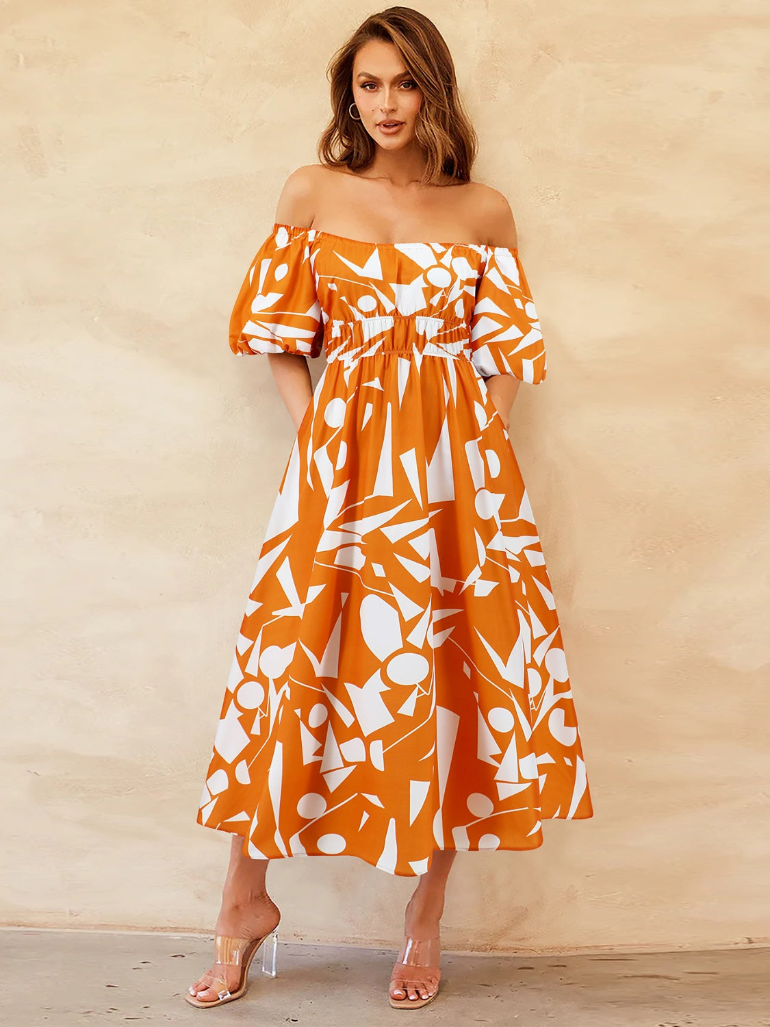 Zephariel Printed Off-Shoulder Balloon Sleeve Dress