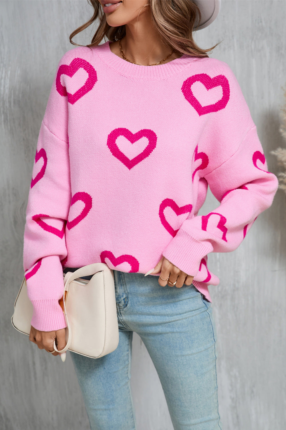 Zephariel Heart Round Neck Dropped Shoulder Long Sleeve Sweater