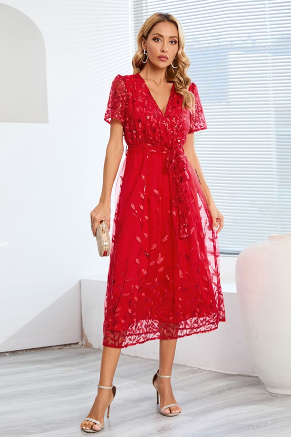 Zephariel Sequin Leaf Embroidery Tie Front Short Sleeve Dress