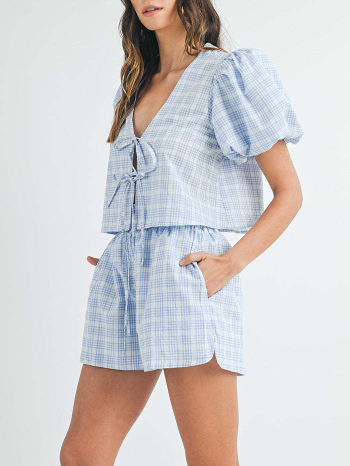 Zephariel V-Neck Puff Sleeve Top and Shorts Set