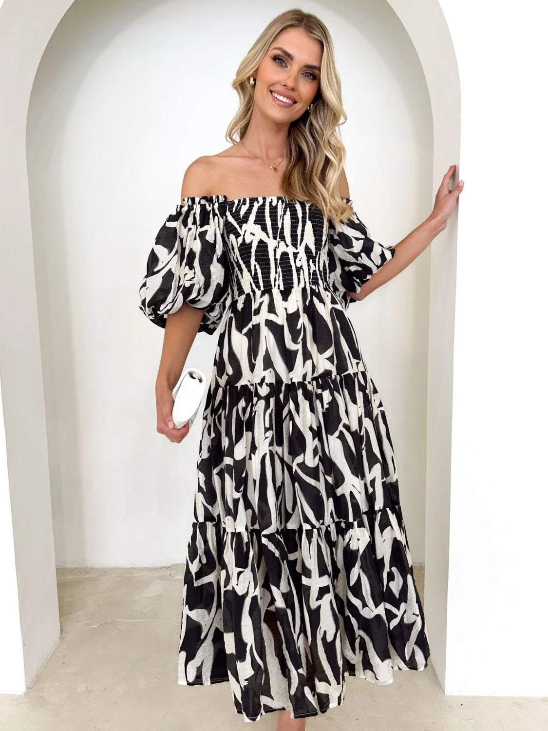 Zephariel Printed Smocked Off-Shoulder Tiered Dress