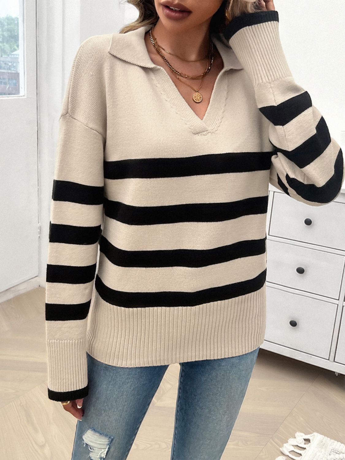 Zephariel Striped Collared Neck Long Sleeve Sweater