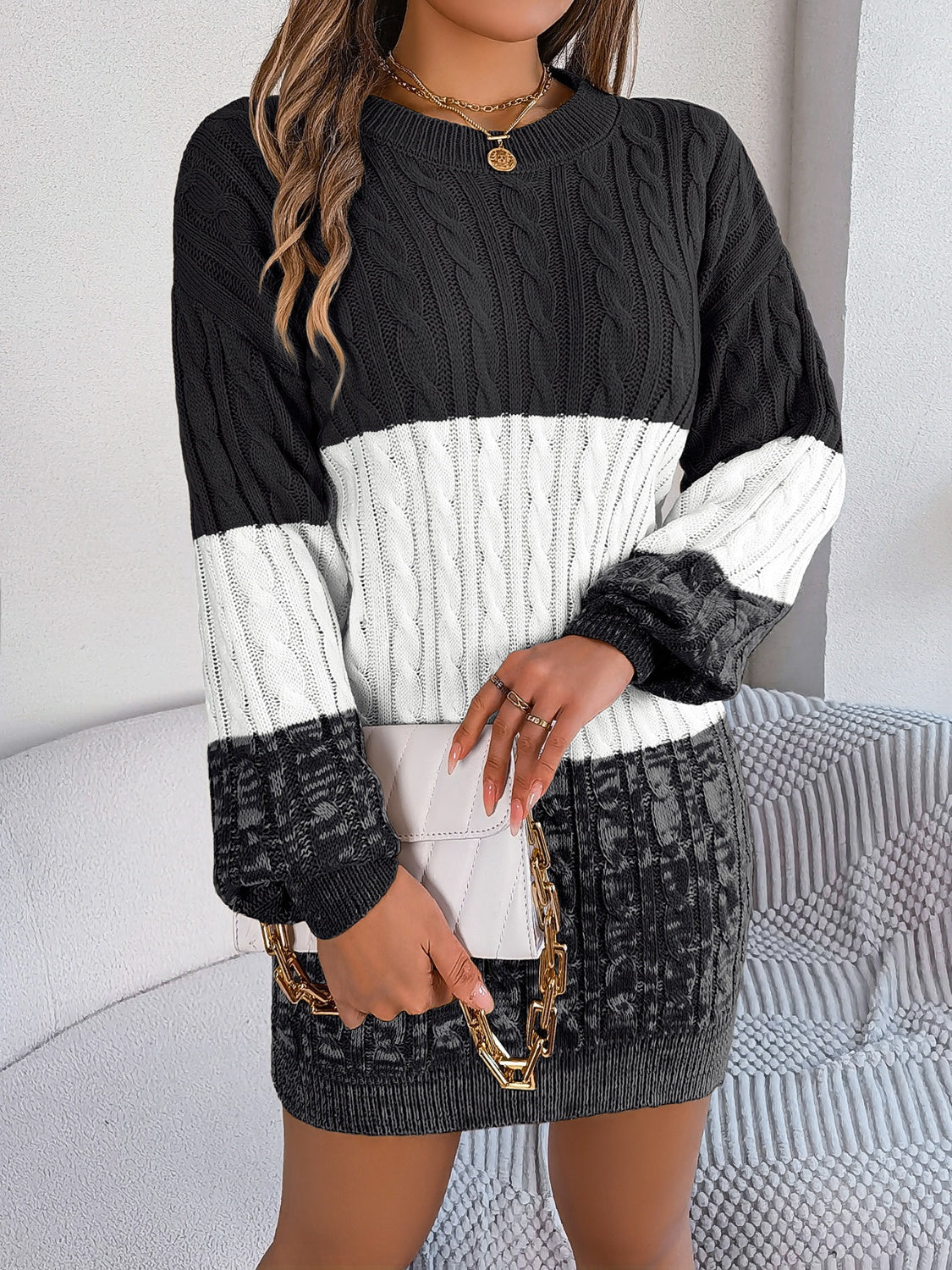 Zephariel Cable-Knit Round Neck Color Block Sweater Dress