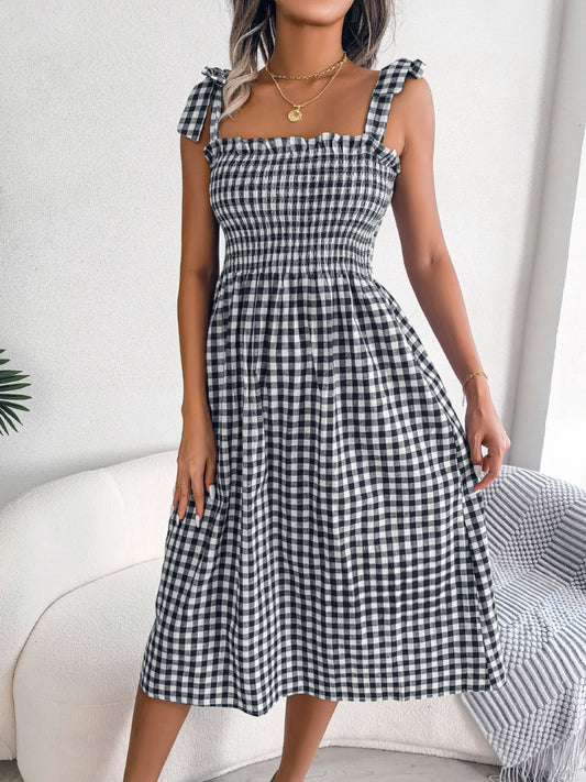 Zephariel Frill Plaid Square Neck Midi Dress