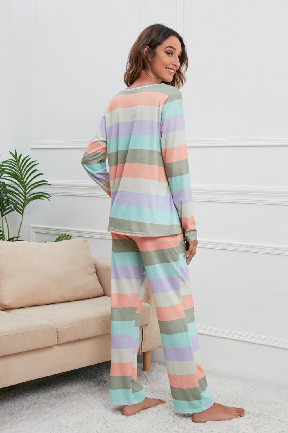 Zephariel Striped Round Neck Long Sleeve Top and Drawstring Pants Lounge Set