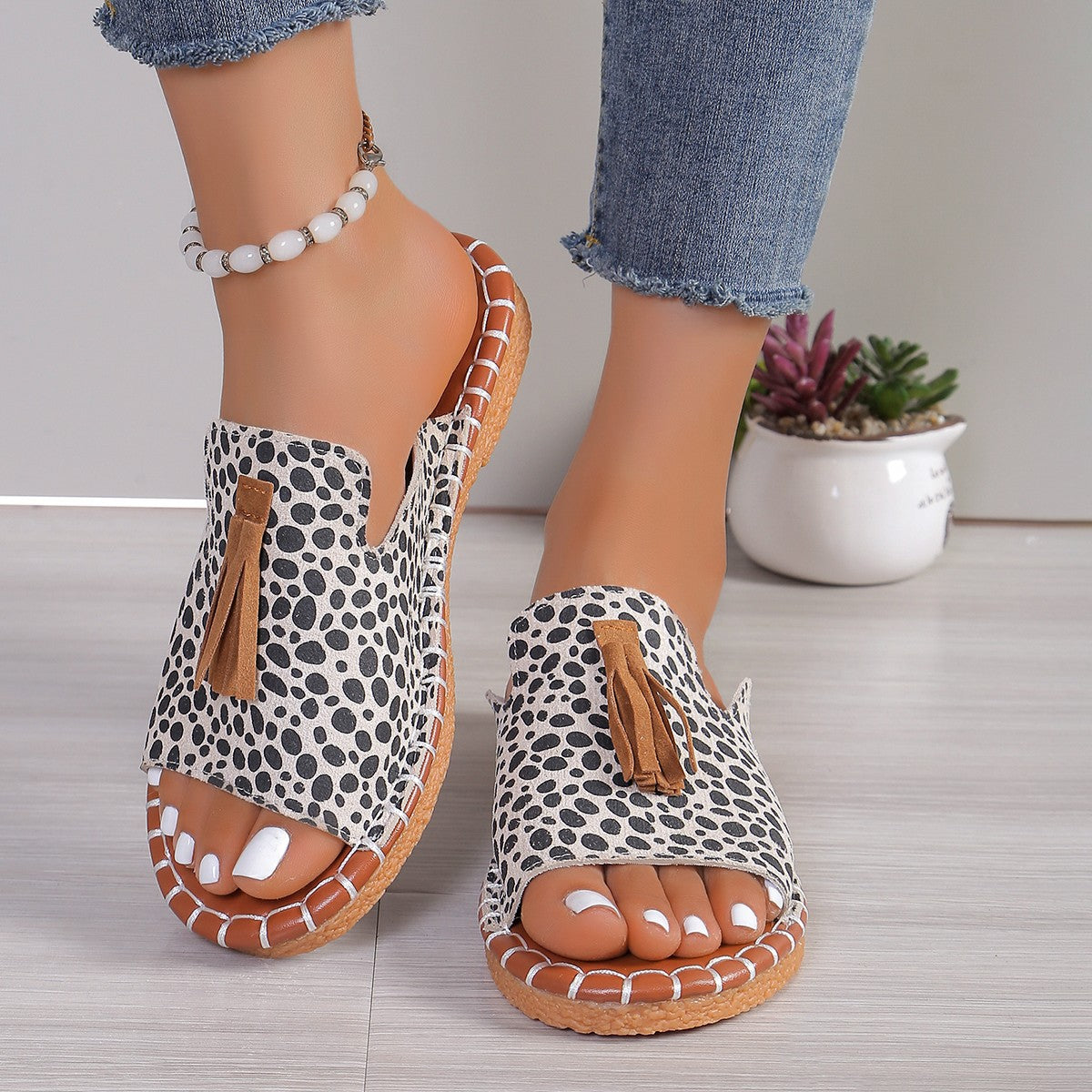 Zephariel Fringe Leopard Open Toe Sandals