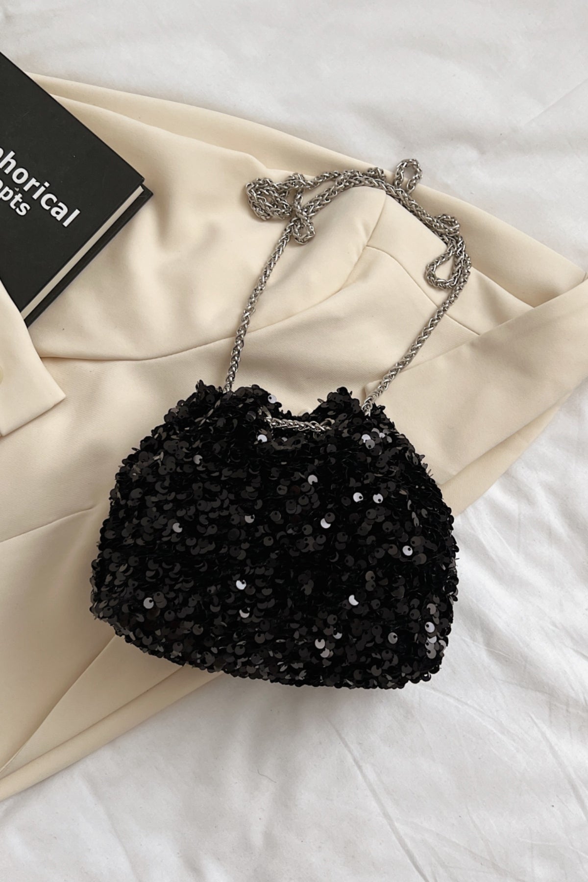 Zephariel Sequin Chain Drawstring Bucket Bag