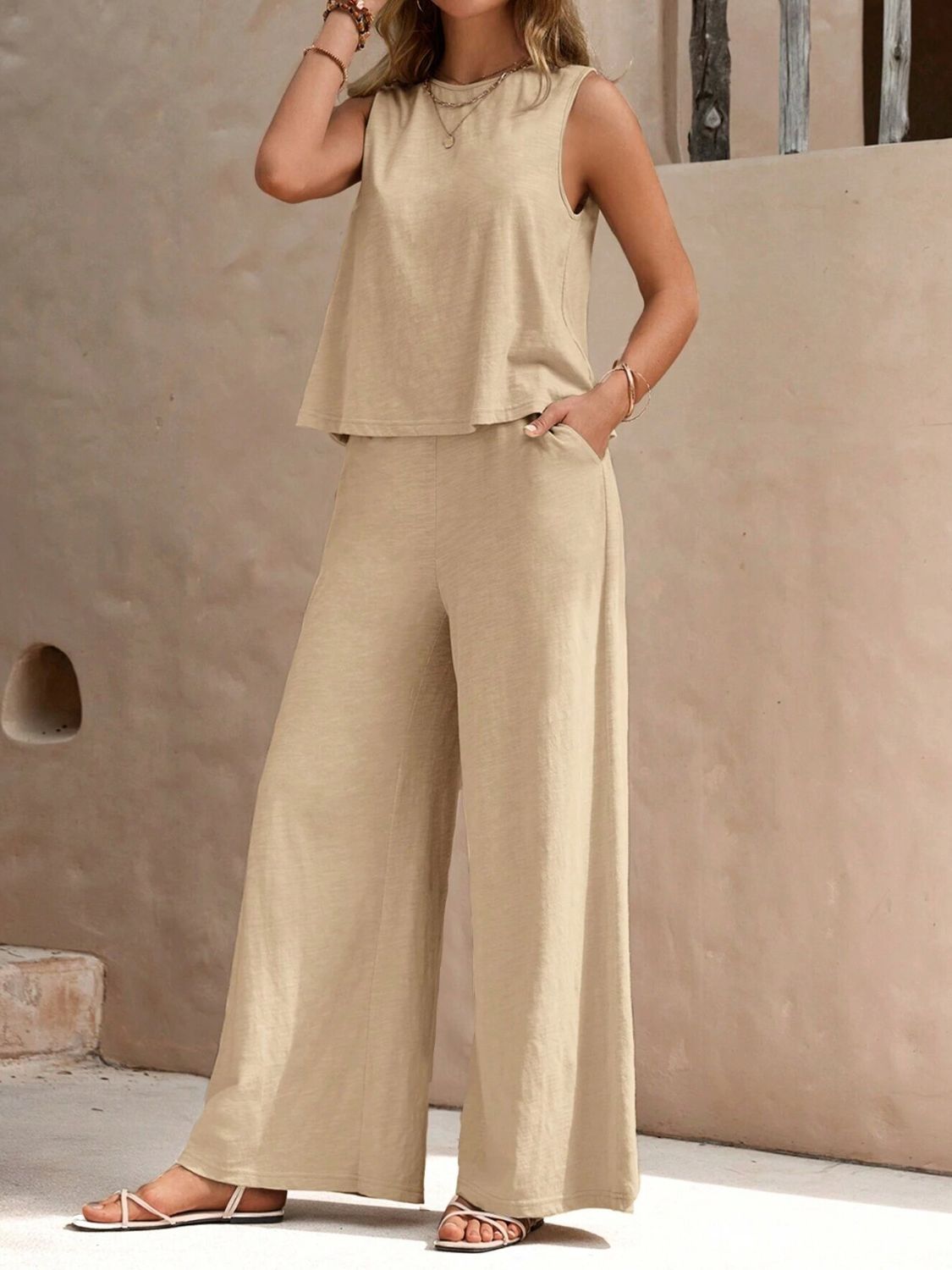 Zephariel Round Neck Sleeveless Top and Wide Leg Pants Set