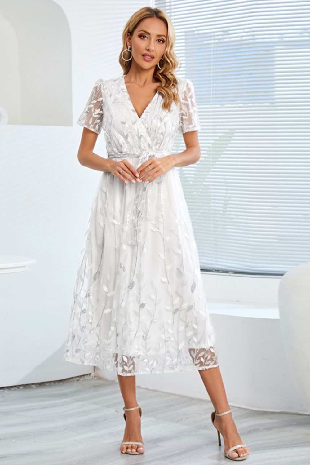 Zephariel Sequin Leaf Embroidery Tie Front Short Sleeve Dress