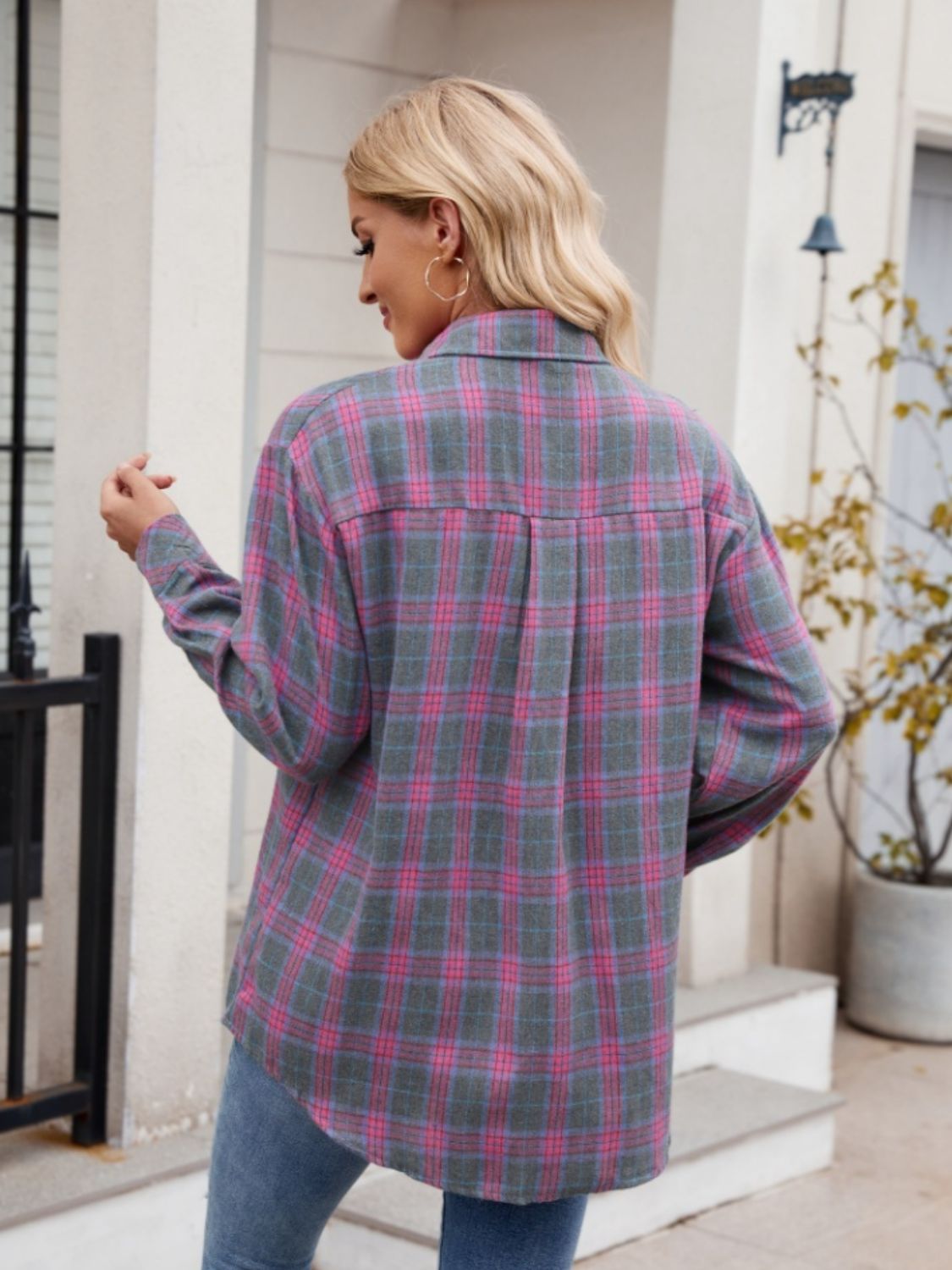 Zephariel Mandy Pocketed Plaid Collared Neck Long Sleeve Shirt