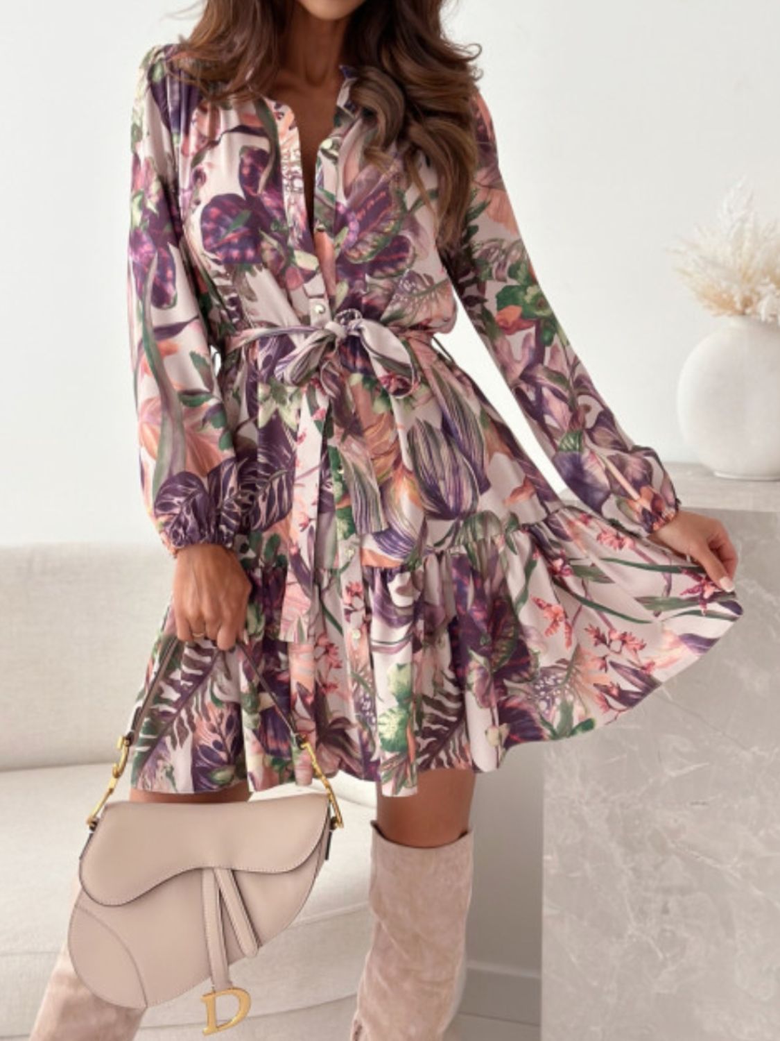 Zephariel Ruffle Hem Floral Long Sleeve Dress