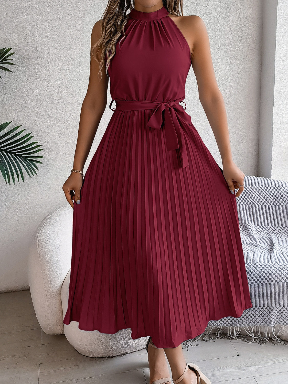 Zephariel Pleated Tie Waist Sleeveless Midi Dress