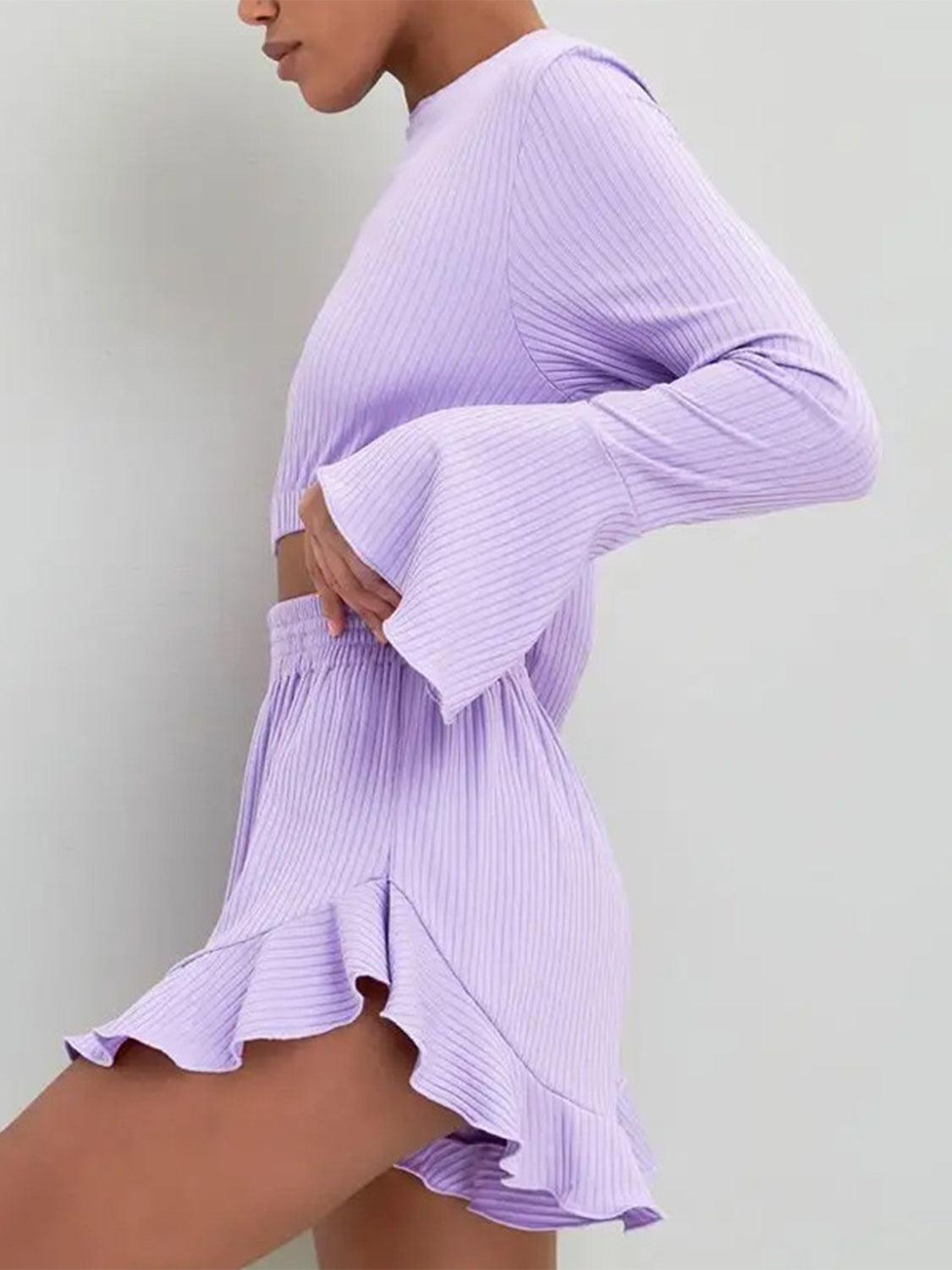 Zephariel Round Neck Long Sleeve Top and Ruffled Shorts Set