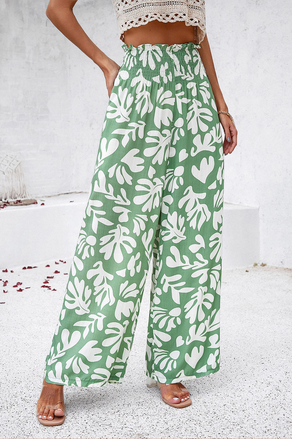 Zephariel Smocked Printed Wide Leg Pants with Pockets