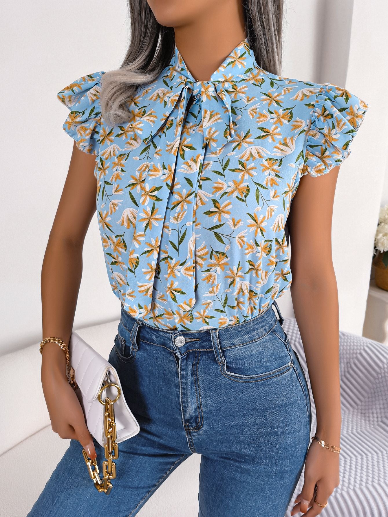 Zephariel Floral Tie Neck Flutter Sleeve Blouse