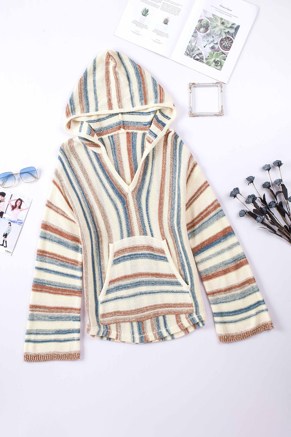 Zephariel Contrast Striped Dropped Shoulder Hooded Knit Top