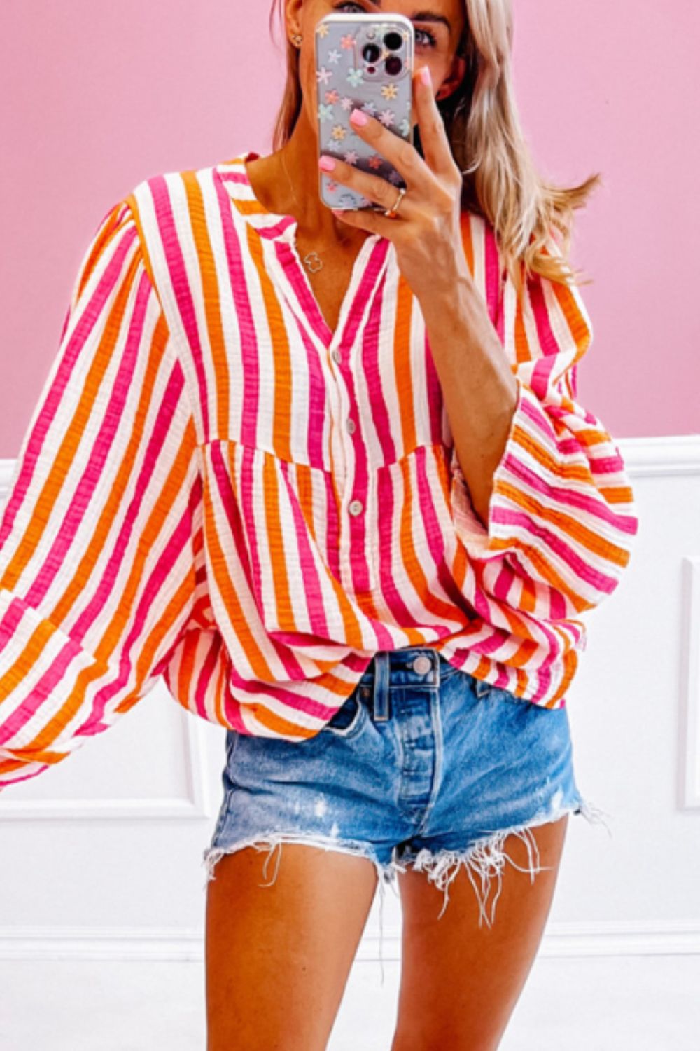 Zephariel Striped Notched Flounce Sleeve Blouse