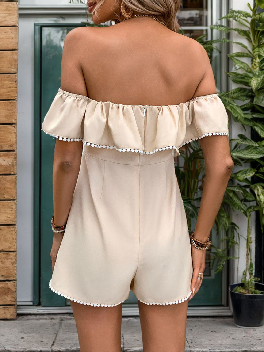 Zephariel Tied Ruffled Off-Shoulder Short Sleeve Romper