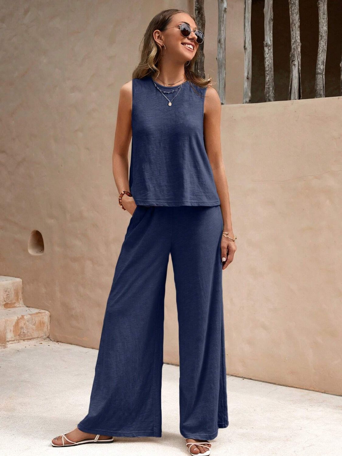 Zephariel Round Neck Sleeveless Top and Wide Leg Pants Set