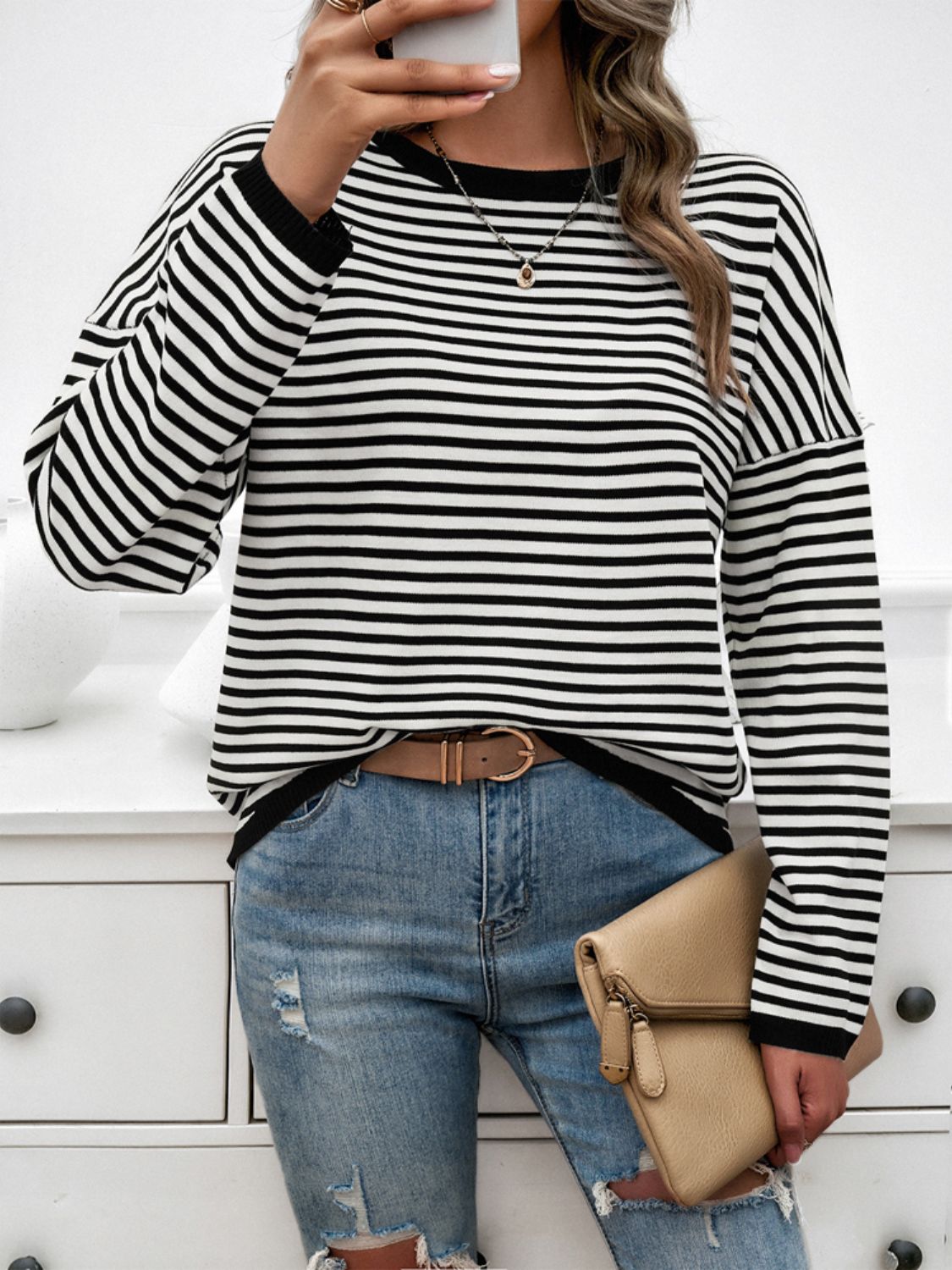 Zephariel Striped Round Neck Dropped Shoulder Sweater