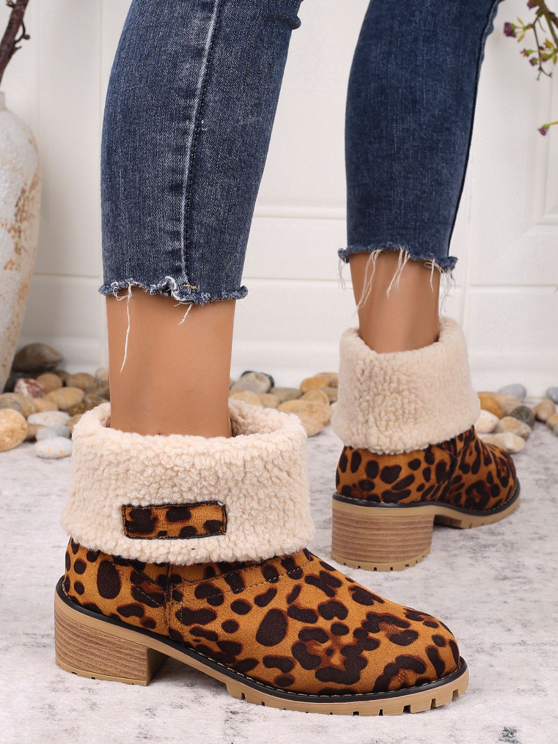 Zephariel Leopard Block Heel Fuzzy Boots