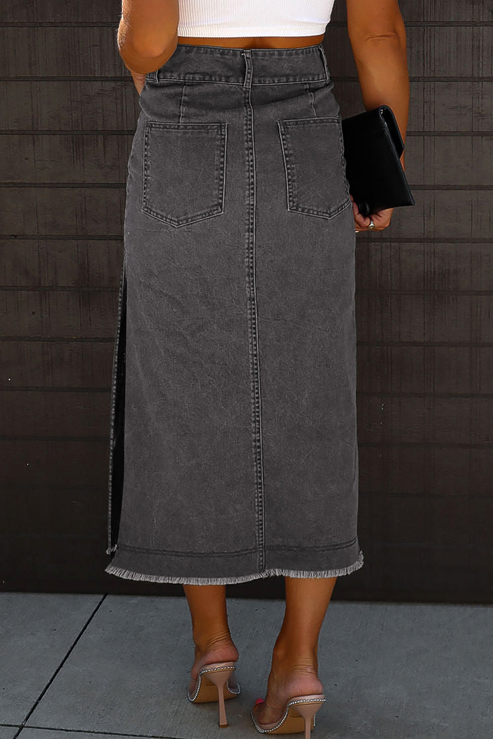 Zephariel Raw Hem Slit Pocketed Midi Denim Skirt