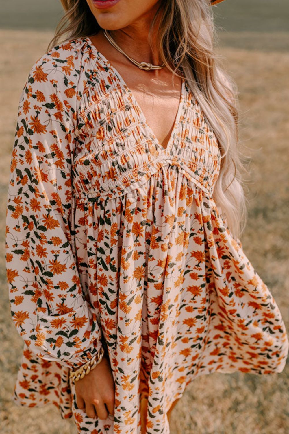 Zephariel Smocked Printed V-Neck Long Sleeve Dress