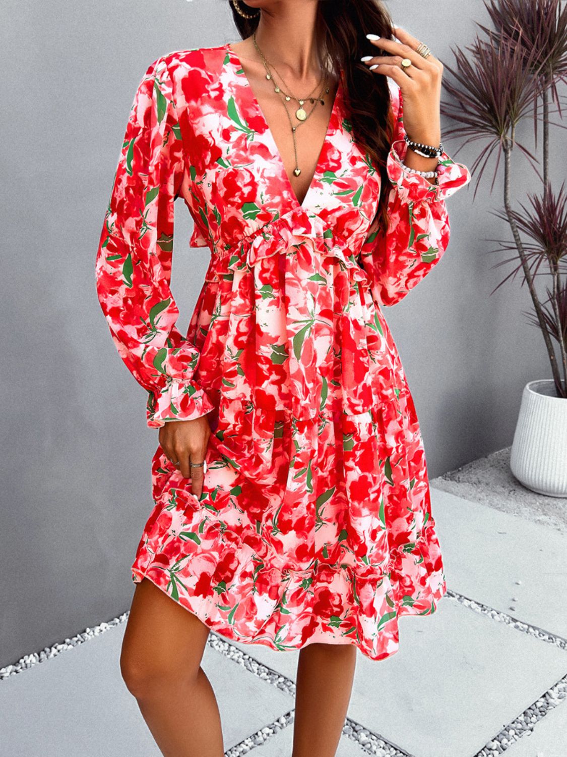 Zephariel Backless Printed V-Neck Flounce Sleeve Dress