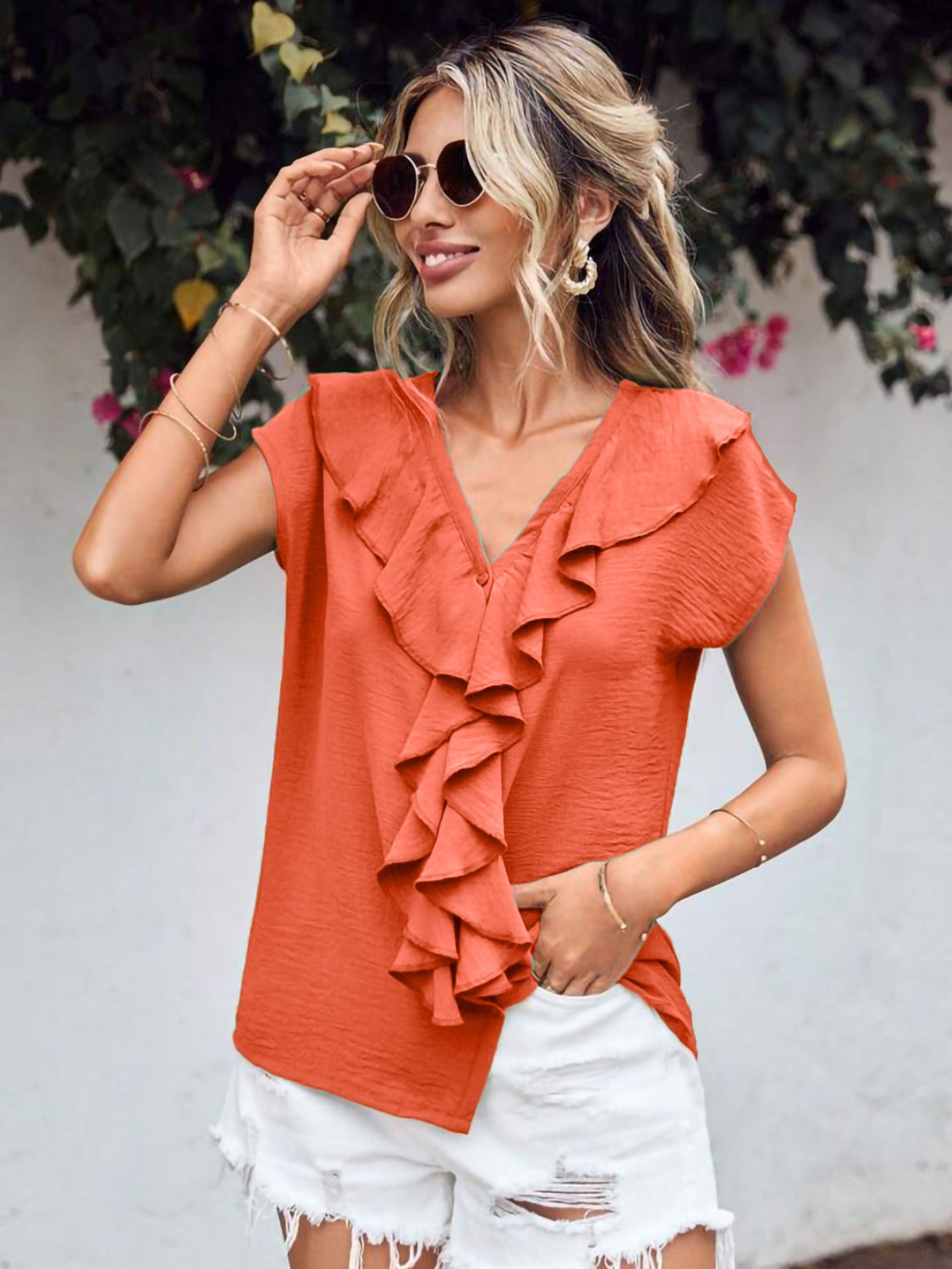 Zephariel Ruffled V-Neck Short Sleeve Blouse