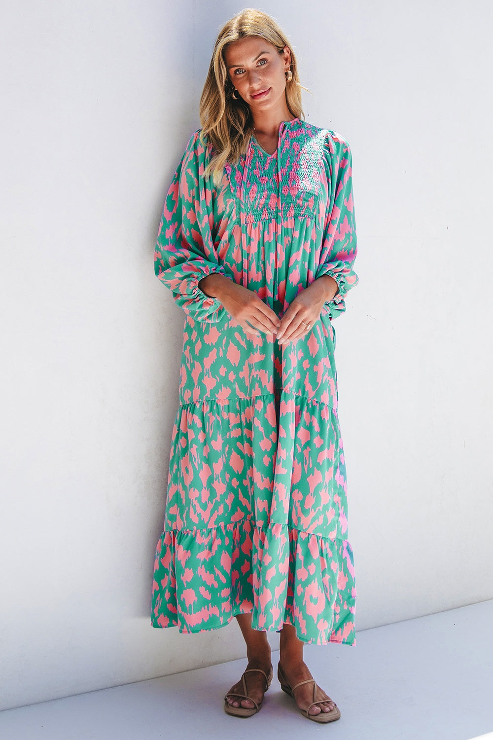 Zephariel Smocked Printed Tie Neck Long Sleeve Dress