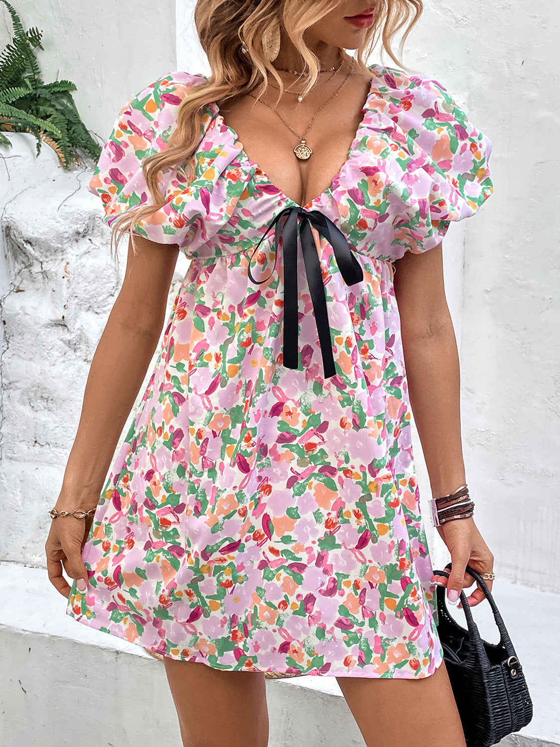 Zephariel Printed V-Neck Puff Sleeve Mini Dress