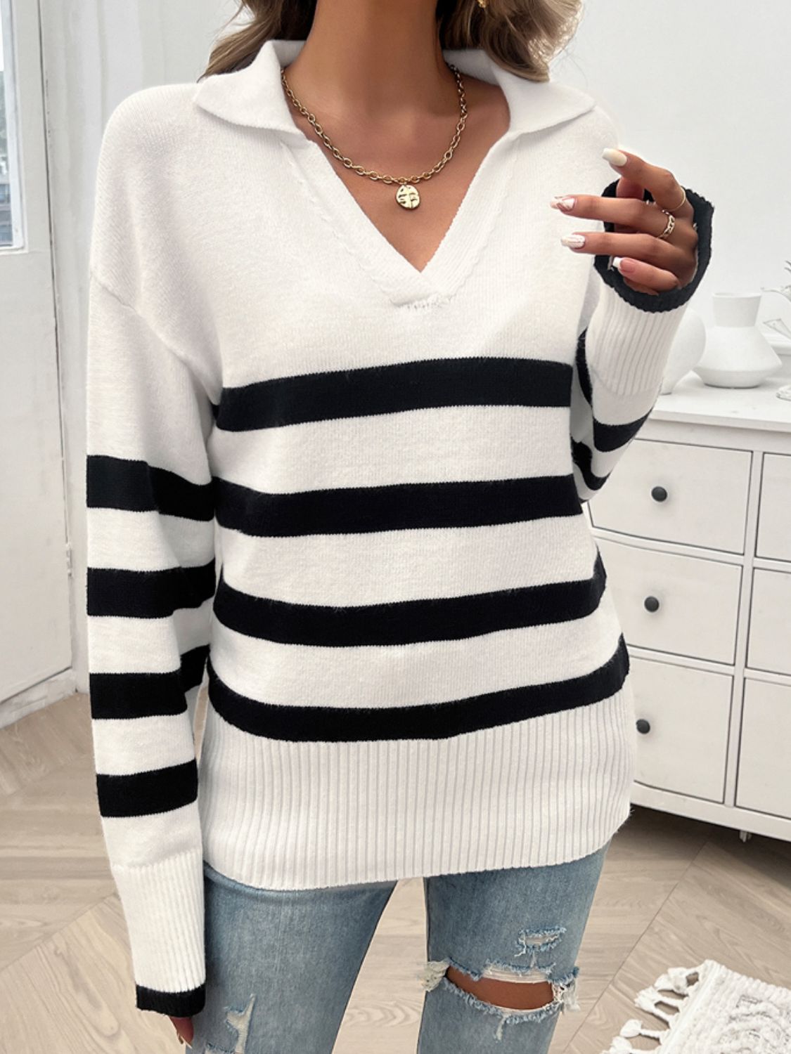 Zephariel Striped Collared Neck Long Sleeve Sweater